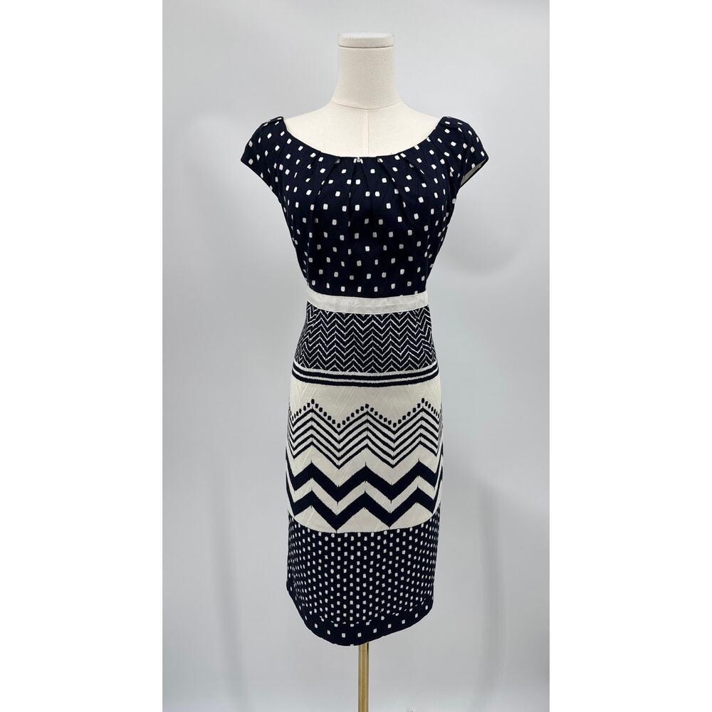 Chetta B Navy Cream Geo Print Cap Sleeve Sheath Dress Size 8 Excellent Condition
